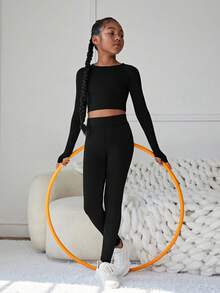 SHEIN Tween Girl Cut Out Back Thumb Holes Crop Tee & Leggings - Black - View 2