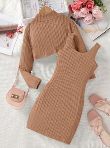 SHEIN 女大童字母補丁細節小高領短款T恤&背心洋裝 - 棕色 - 查看 2