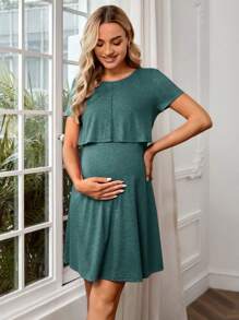 SHEIN Maternity Solid Nursing Detail Tee Dress - Blue - View 3