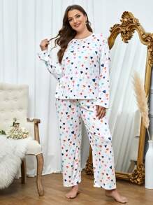 大碼滿版心形印花睡衣套裝 - 白色 - 查看 4