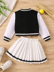 SHEIN Young Girl Letter & Cartoon Patched Striped Trim Varsity Jacket & Pleated Skirt - Black and White - View 2