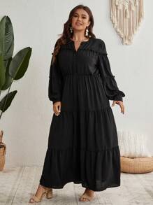 SHEIN VCAY Hơn Tay áo lồng đèn Nhiều lớp Xù Hoa Sen Đầm - màu đen - Xem 4