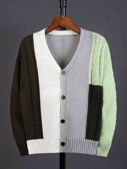 SHEIN Adolescent Garçon Cardigan À Blocs De Couleurs En Tricot Torsadé À Bouton