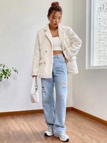 SHEIN EZwear Cổ áo Đôi ngực Chi tiết về Flap Áo vest - trắng - Xem 5