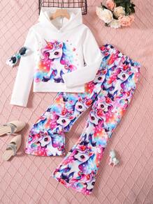 SHEIN 女大童獨角獸印花連帽T恤&喇叭褲 - 彩色 - 查看 1