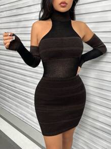 SHEIN Unity High Neck Sweater Dress With Arm Sleeves - Coffee Brown - View 5