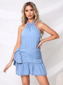 SHEIN Frenchy Tie Backless Ruffle Hem Dress, Women Summer Halter Dress Casual Blue - Blue - View 4