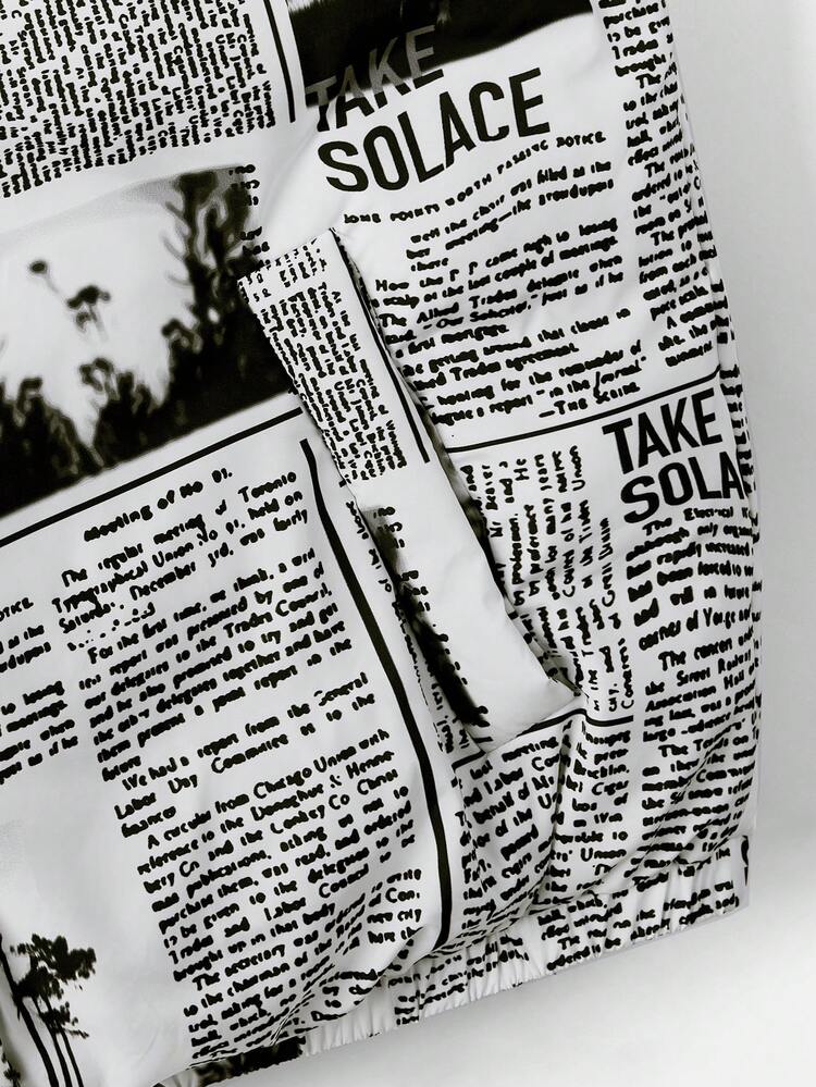 Plus Size Newspaper Print Zip Up Vest Padded Coat