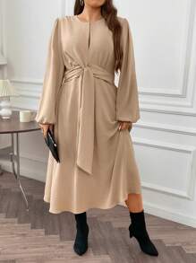 Flirla Plus Lantern Sleeve Knot Front Dress - Apricot - View 3