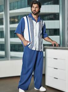 Manfinity Homme 男士大码幾何印花襯衫和褲子 - 藏蓝色 - 查看 1