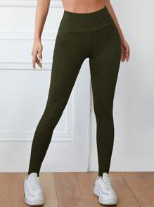 EURMUSE Wide Waistband Solid Leggings - Army Green - View 3