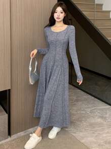 DAZY 素色接縫細節A字洋裝 - 藍色 - 查看 7