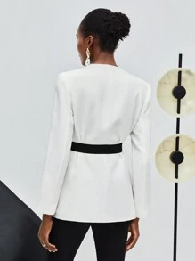 Maija Contrast Panel Flap Detail Blazer With Belt - Black and White - View 2