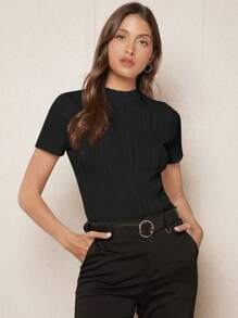 BizChic Solid Mock Neck Tee - Black - View 1