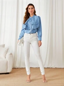SHEIN Privé Ruffle Trim Button Front Denim Shirt