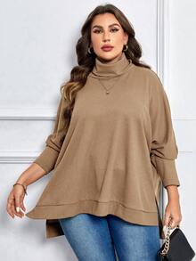 SHEIN LUNE Plus Turtleneck Batwing Sleeve Sweatshirt - Camel - View 4