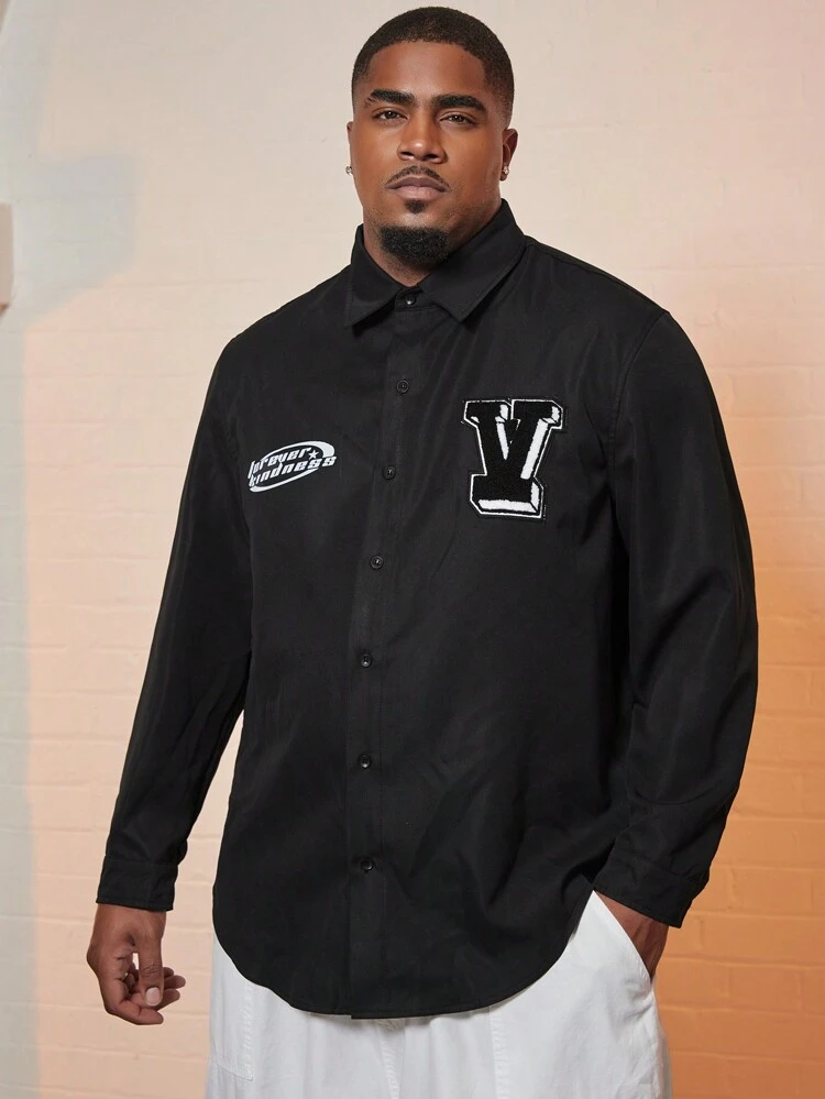 Men Plus Letter Patched Shirt