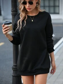 SHEIN Essnce 素色落肩袖加絨內裏衛衣洋裝 - 黑色 - 查看 3