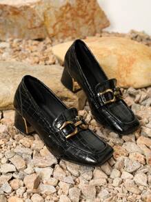 Women's High-heeled Loafers With Square Toe - Black - View 4
