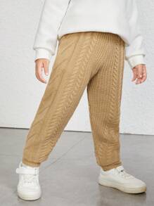 SHEIN 男小童休閒針織羅紋袖口運動褲在素色卡其色,濃烈香調和多用途,合適的適用於秋天和冬天