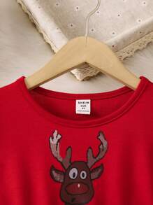 SHEIN Young Girl Christmas Print Ruffle Trim Dress - Red - View 4