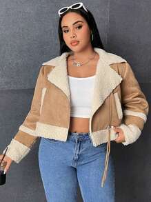 SHEIN EZwear 大碼毛絨內襯拉鏈開襟夾克 - 棕色 - 查看 1