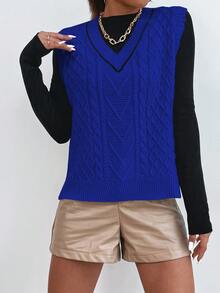 SHEIN Essnce Viền tương phản Xoắn Dan Áo len vest Without Tee - Xanh đậm - Xem 7