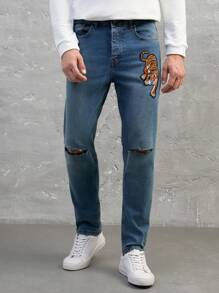 RueChic Men Tiger Embroidery Ripped Jeans - Blue - View 3