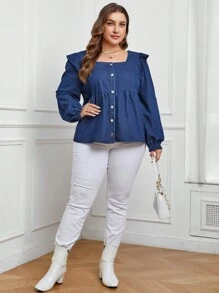 SHEIN LUNE 大碼方領荷葉邊荷葉邊下擺牛仔上衣 - 藍色 - 查看 4