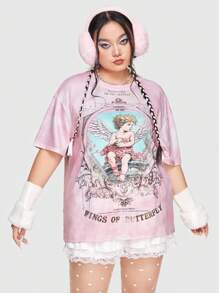 ROMWE Kawaii Plus Tie Dye Figure & Slogan Graphic Drop Shoulder Tee - Multicolor - View 1
