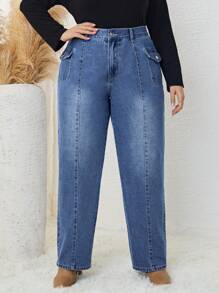 SHEIN LUNE 大碼高腰側翻蓋口袋牛仔褲 - 藍色 - 查看 4