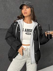 SHEIN EZwear Abrigo acolchado 2 en 1 con capucha con cordón y hombros caídos - Negro - Ver 1