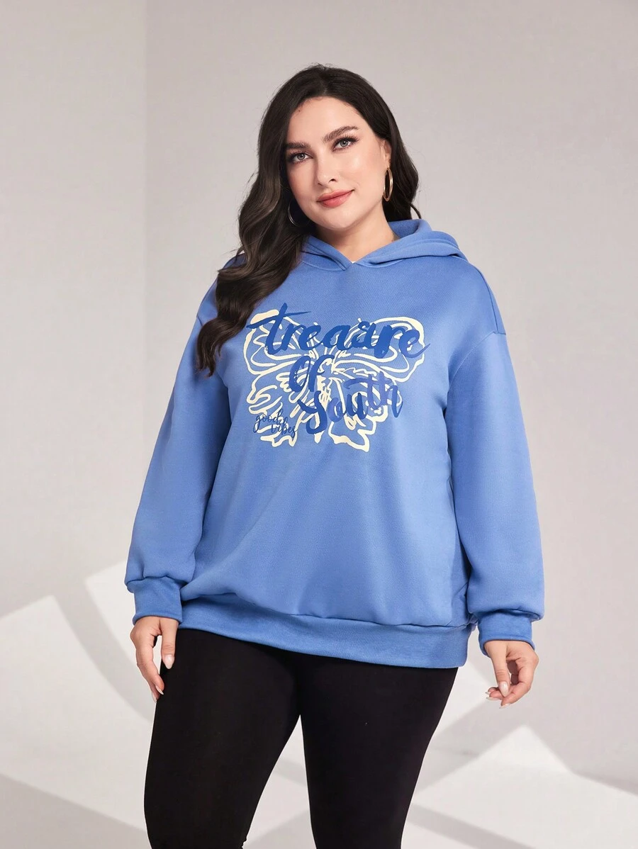 Mulvari Áo nỉ tay rớt vai cỡ lớn in chữ - Màu xanh bụi bặm - Xem 1