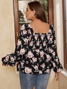 SHEIN VCAY 大碼印花燈籠袖荷葉邊下擺襯衫 - 彩色 - 查看 2