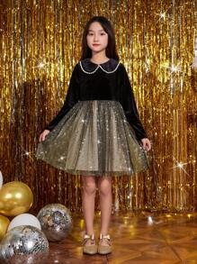 SHEIN 女孩珍珠串珠彼得潘領網紗拼接下擺絲絨 - 彩色 - 查看 5