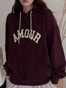 DAZY Letter Graphic Drop Shoulder Drawstring Hoodie - Burgundy - View 3