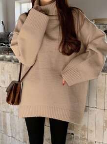 DAZY 纯色高领落肩毛衣、长袖上衣、秋季女装 - 杏色 - 查看 8