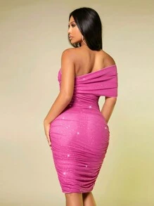 SHEIN SXY Damenkleid Mit Asymmetrischem Ausschnitt, Plissiertem, Rosafarbenem Mesh-paillettenkleid - Pink - Übersicht 3