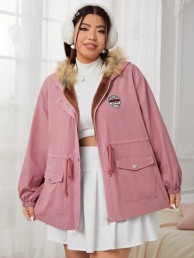 Plus Letter Patched Drawstring Waist Fuzzy Trim Thermal Hooded Coat