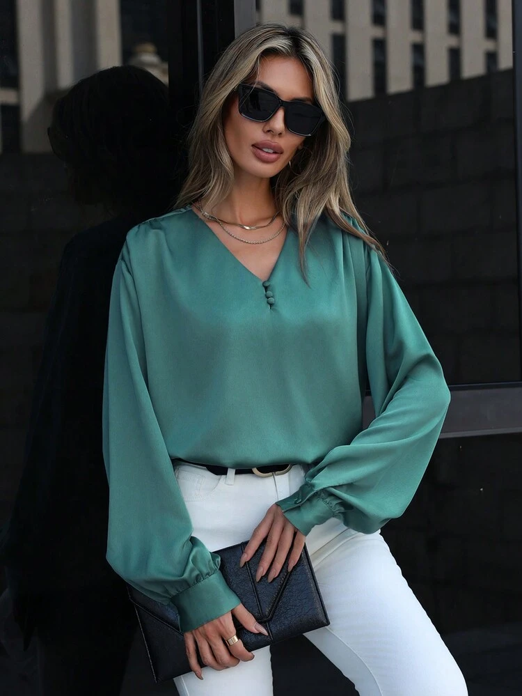 Solid V Neck Bishop Sleeve Blouse