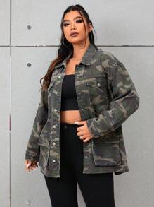 SHEIN ICON Plus Camo Print Drop Shoulder Denim Jacket - Multicolor - View 1