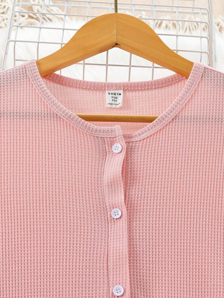 Tween Girl Solid Color Round Neck Long Sleeve Button Half Placket Casual Dress
