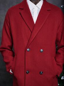 Manfinity VCAY 宽松男式双排扣长袖大衣 - 酒紅色 - 查看 4