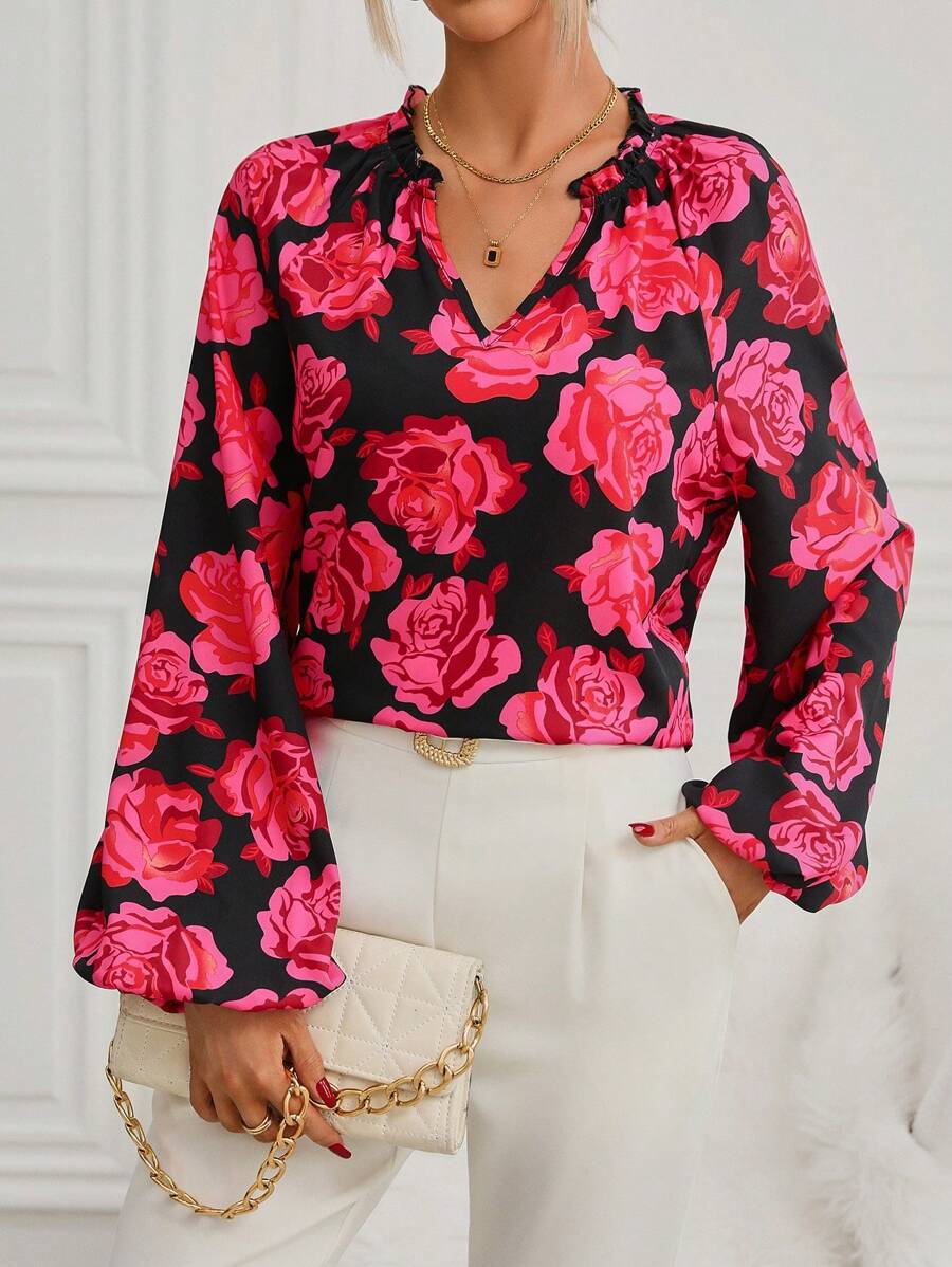 SHEIN LUNE Floral Print Lantern Sleeve Blouse - Black - View 1