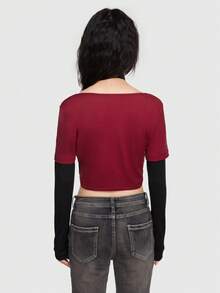 ROMWE Grunge Punk Figure & Slogan Graphic Crop 2 in 1 Tee - Red - View 4