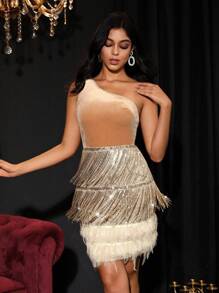 Zolique One Shoulder Fringe Trim Sequin Bodycon Dress - Champagne - View 1