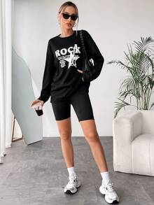 SHEIN Essnce 1入組星形和標語圖案落肩T恤 - 黑色 - 查看 6