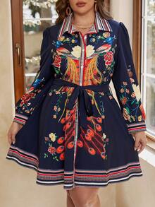 SHEIN VCAY Hơn In hoa Thắt lưng Váy sơ mi - Nhiều màu - Xem 3