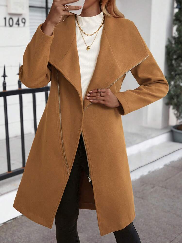 Waterfall Collar Zip Up Overcoat