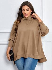 SHEIN LUNE Plus Turtleneck Batwing Sleeve Sweatshirt - Camel - View 6